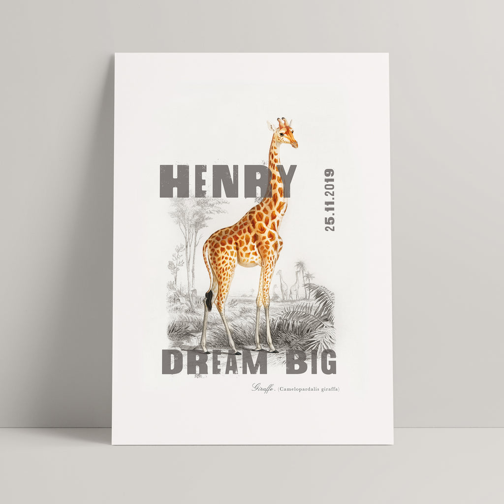 Personalised Giraffe Name And Date Nursery Print - Ditsy Chic