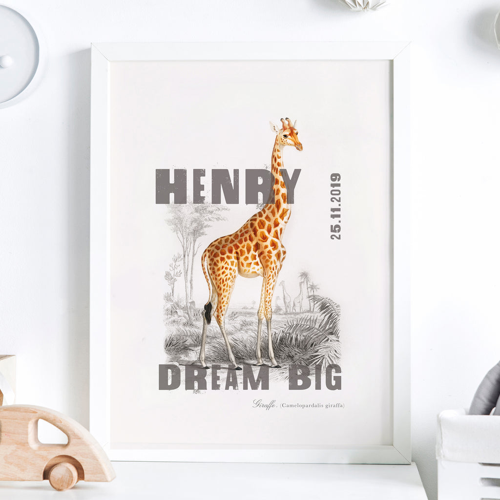 Personalised Giraffe Name And Date Nursery Print - Ditsy Chic